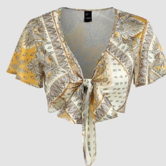 NWT Yellow Paisley Satin Wrap Top & High Rise Wide Leg Pants Set - Picture 7 of 12